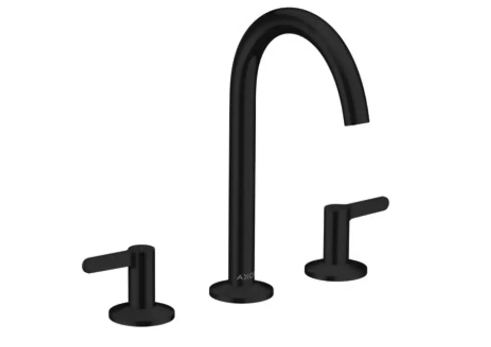 Drei-Loch Waschbeckenarmatur in mattschwarz mit zwei Steuerhebeln und hohem Auslauf, hergestellt von AXOR. Entwurf für modernes Badezimmerdesign.